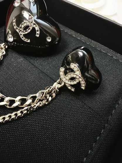 Chanel 22 Black Diamond-Studded Heart Brooch with Double C Heart Chain