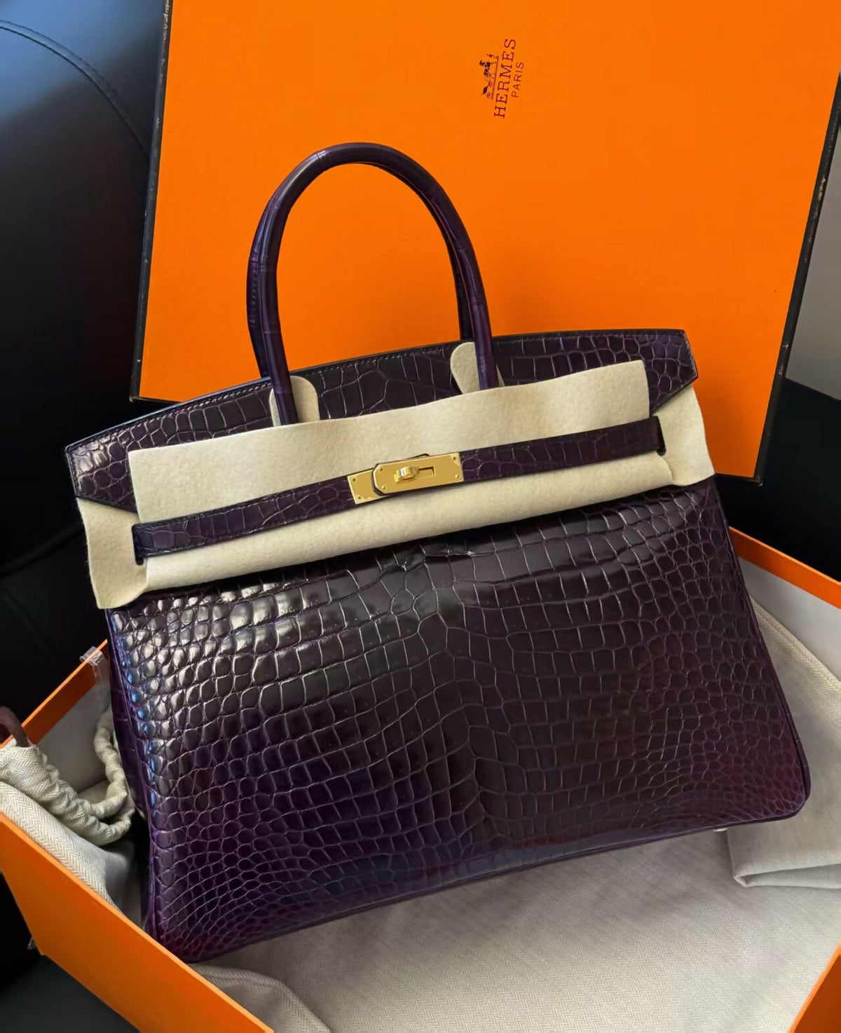 Hermès Birkin 35 Cassis / Améthyste Shiny Porosus Crocodile with Gold Hardware