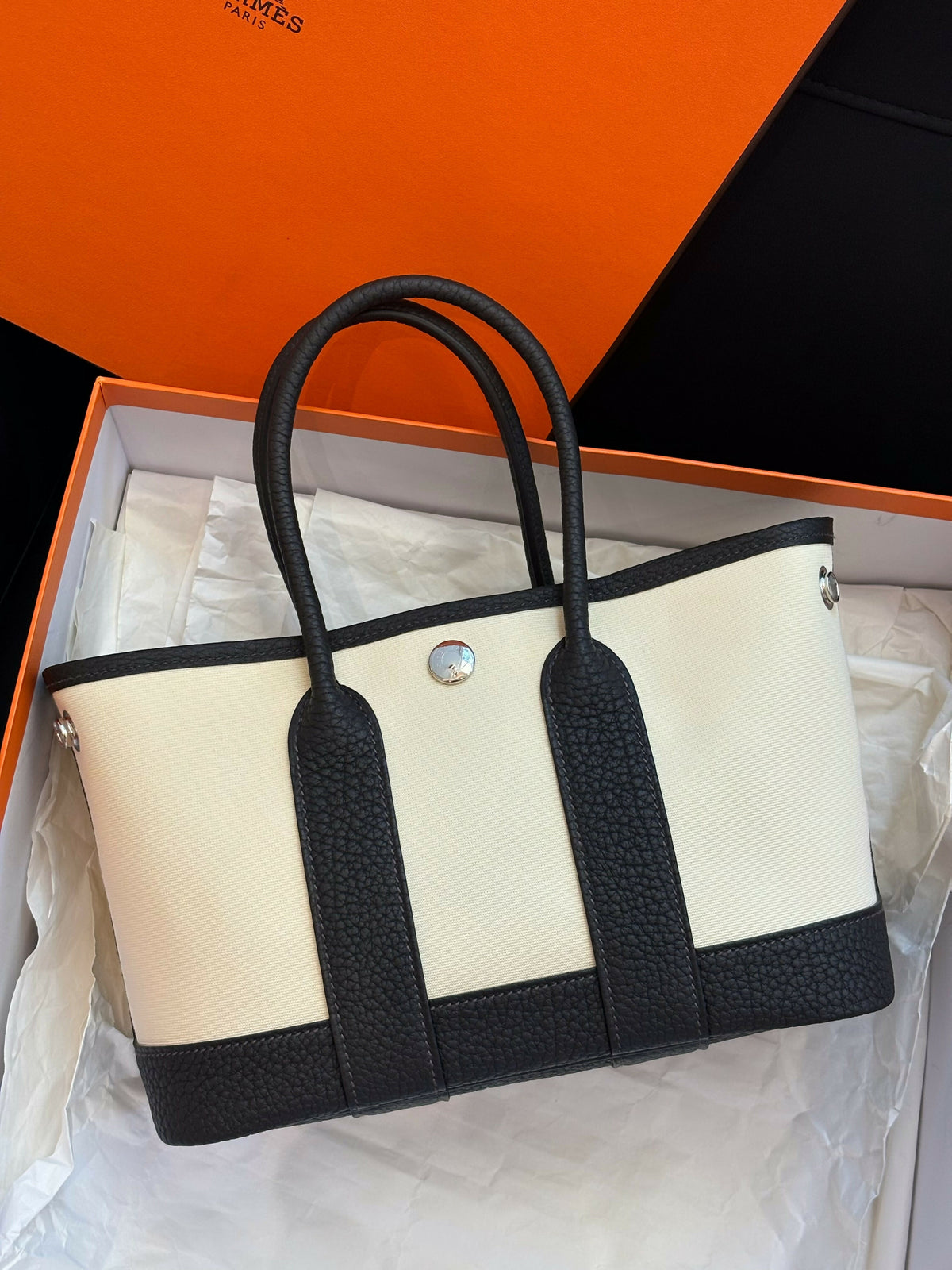 Hermès Garden Party Mini Rouge Sellier (Date Brown) Leather & Ecru / Vanilla Canvas with Palladium Hardware