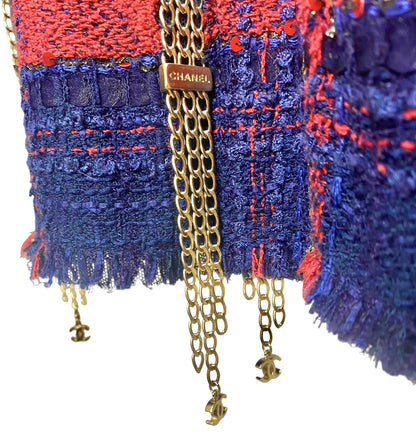 RARE CHANEL 08P RUNWAY BLUE RED GOLD CC MULTI CHAINS TWEED JACKET FR 44