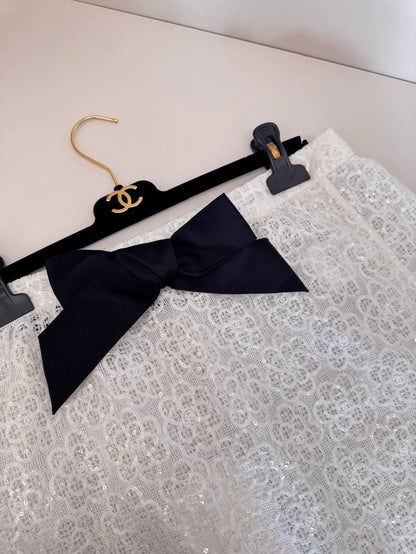 Chanel 24S White Camellia Bow Sequined Skirt