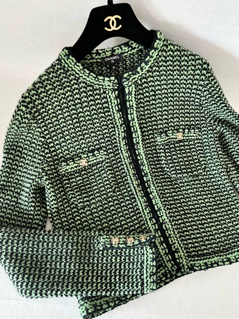 Chanel 21P Green and Black Tweed Cardigan