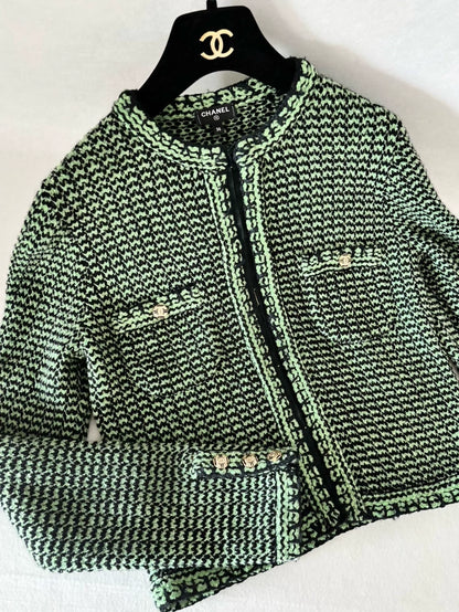 Chanel 21P Green and Black Tweed Cardigan