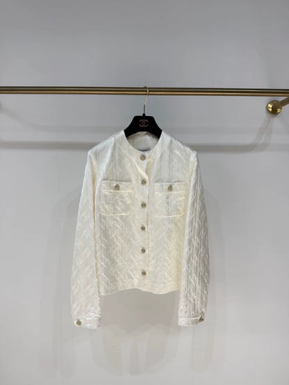 Chanel 25A silk embossed ecru gold double C logo jacket