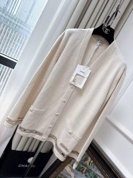 Chanel 20C off-white openwork chain cashmere knit cardigan