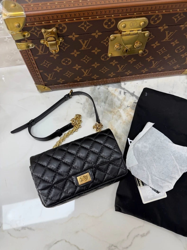 Chanel 2.55 Black and Gold Leather Mini Waist Bag Bag,