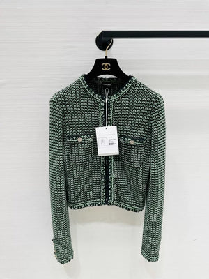 Chanel black and green striped cashmere tweed cardigan
