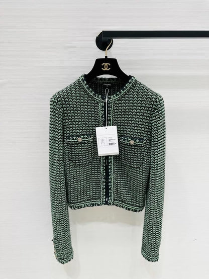 Chanel black and green striped cashmere tweed cardigan