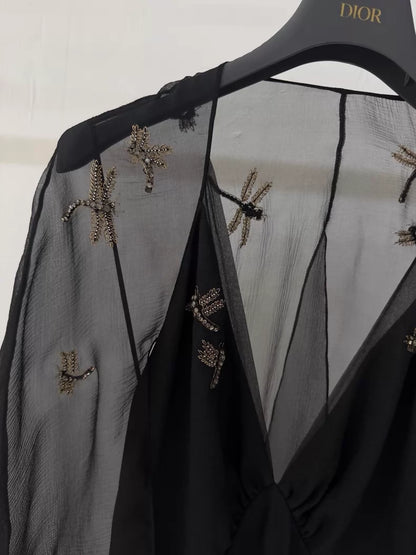 Dior black bee rhinestone embroidered evening gown