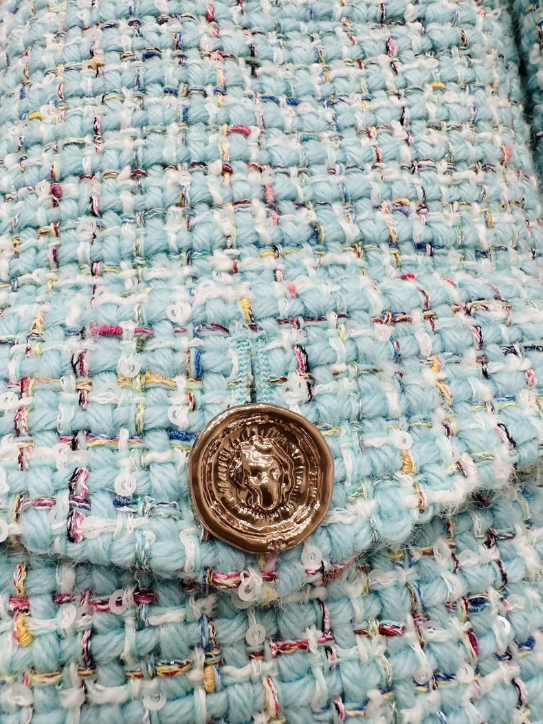 Chanel 25a lake blue tweed jacket, F36, gold buttons
