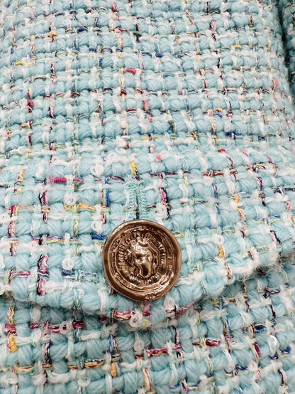 Chanel 25a lake blue tweed jacket, F36, gold buttons