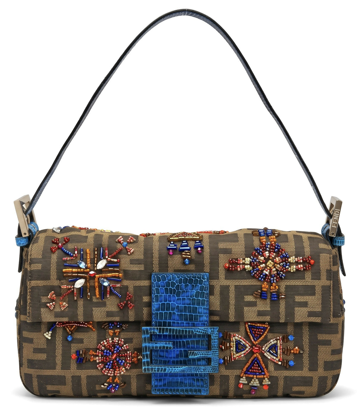 Fendi Vintage Blue Lizard Trimmed Embroidered Beaded Classic Zucca Baguette Bag