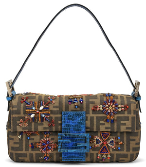 Fendi Vintage Blue Lizard Trimmed Embroidered Beaded Classic Zucca Baguette Bag