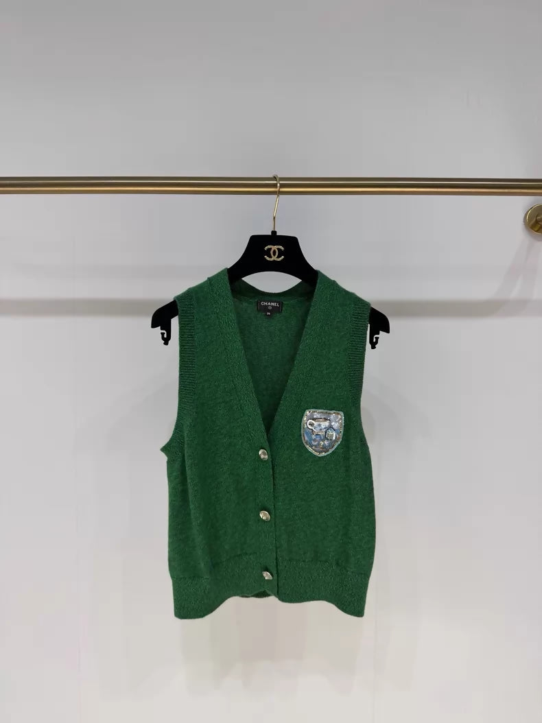 Chanel 24A Double C Badge Green Cashmere Vest