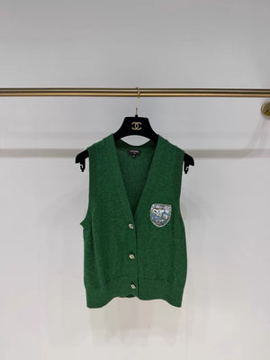 Chanel 24A Double C Badge Green Cashmere Vest