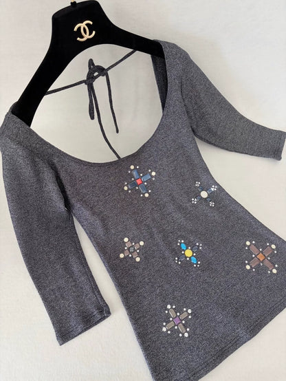Chanel 17P Cross Gemstone Silver Grey top