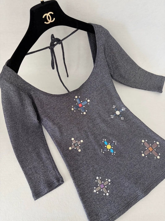 Chanel 17P Cross Gemstone Silver Grey top