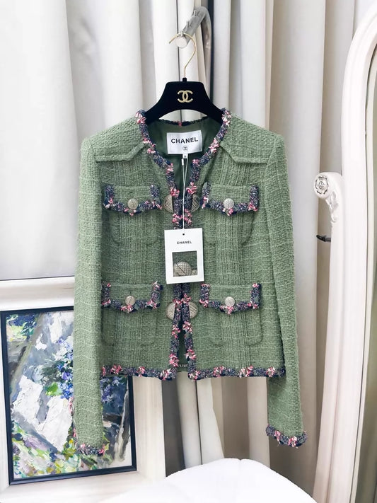 Chanel 17C olive green tweed jacket