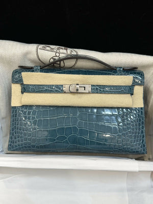Hermès Kelly pochette Bleu Prusse / Bleu de Prusse Crocodile with Palladium Hardware