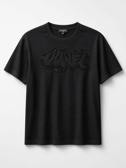 Chanel 20S Black Cotton Cut Out Embroidered Tee Shirt FR 38/40