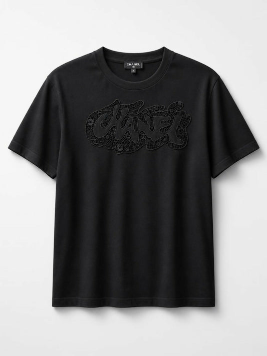 Chanel 20S Black Cotton Cut Out Embroidered Tee Shirt FR 38/40