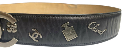 Chanel 12P Lucky Charms Black Distressed Glazed Calfskin Leather Belt Size 85/34