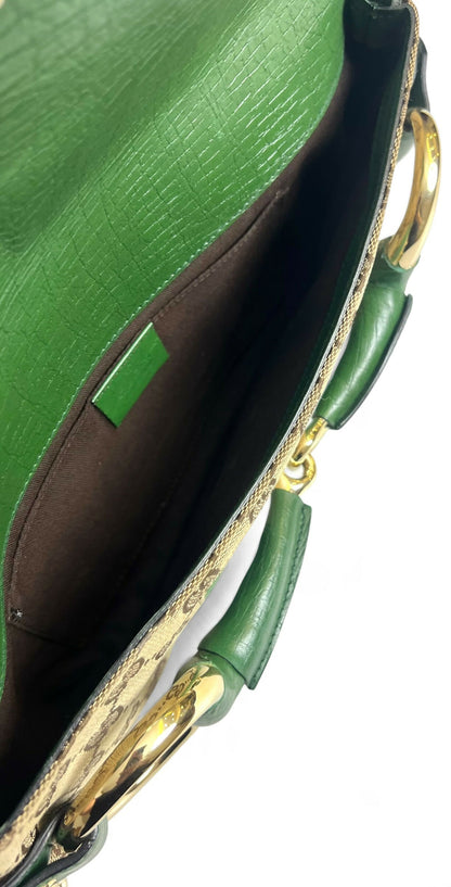 Gucci Large 1955 Tom Ford Classic Green Ivory GG Monogram Horsebit Clutch Handbag Gold hardware