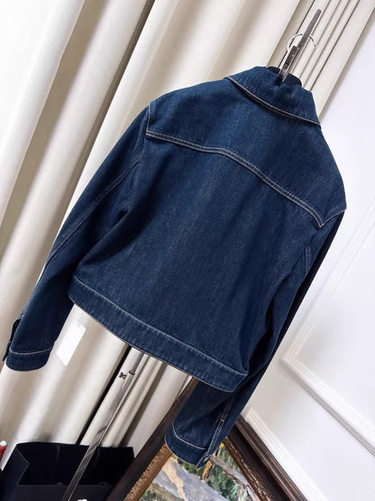 Chanel 25C navy blue denim jacket with silver buttons