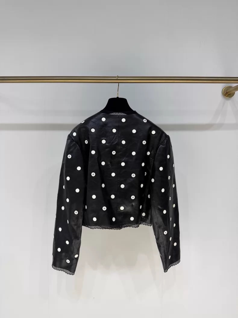 Chanel 23S Black Lace Polka Dot Double C Leather Jacket
