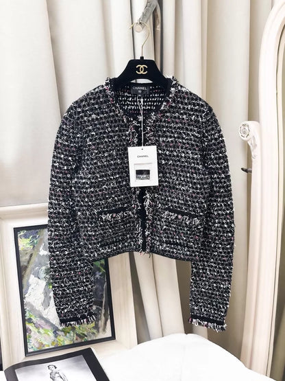 Chanel 24B black sequined tweed cardigan