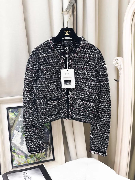 Chanel 24B black sequined tweed cardigan