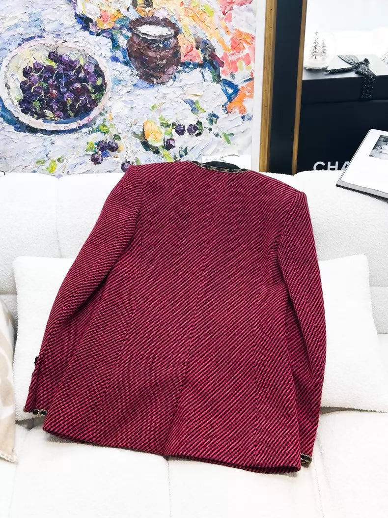Chanel 20A burgundy black leather gold chain tweed jacket