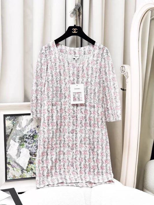 Chanel 23C lace pink and green mixed-colour knit dress