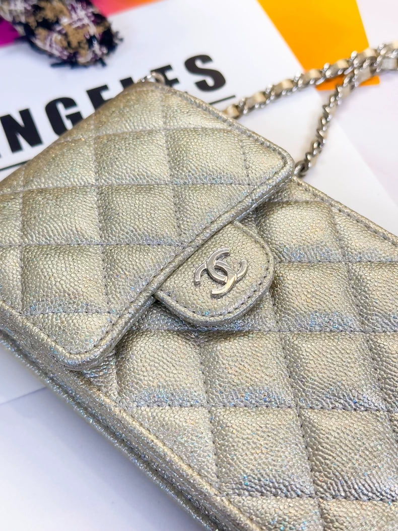 Chanel 21K gold iridescent leather quilted phone chain bag