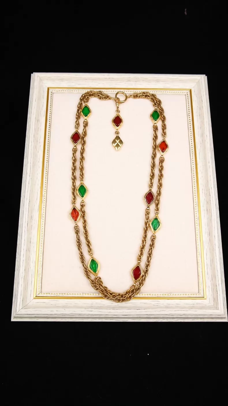 Chanel Red and Green Diamond-Shaped Glass Gold Chain Necklace