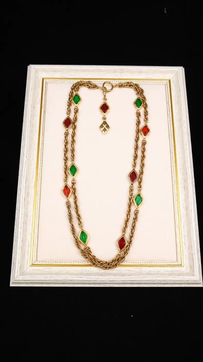 Chanel Red and Green Diamond-Shaped Glass Gold Chain Necklace