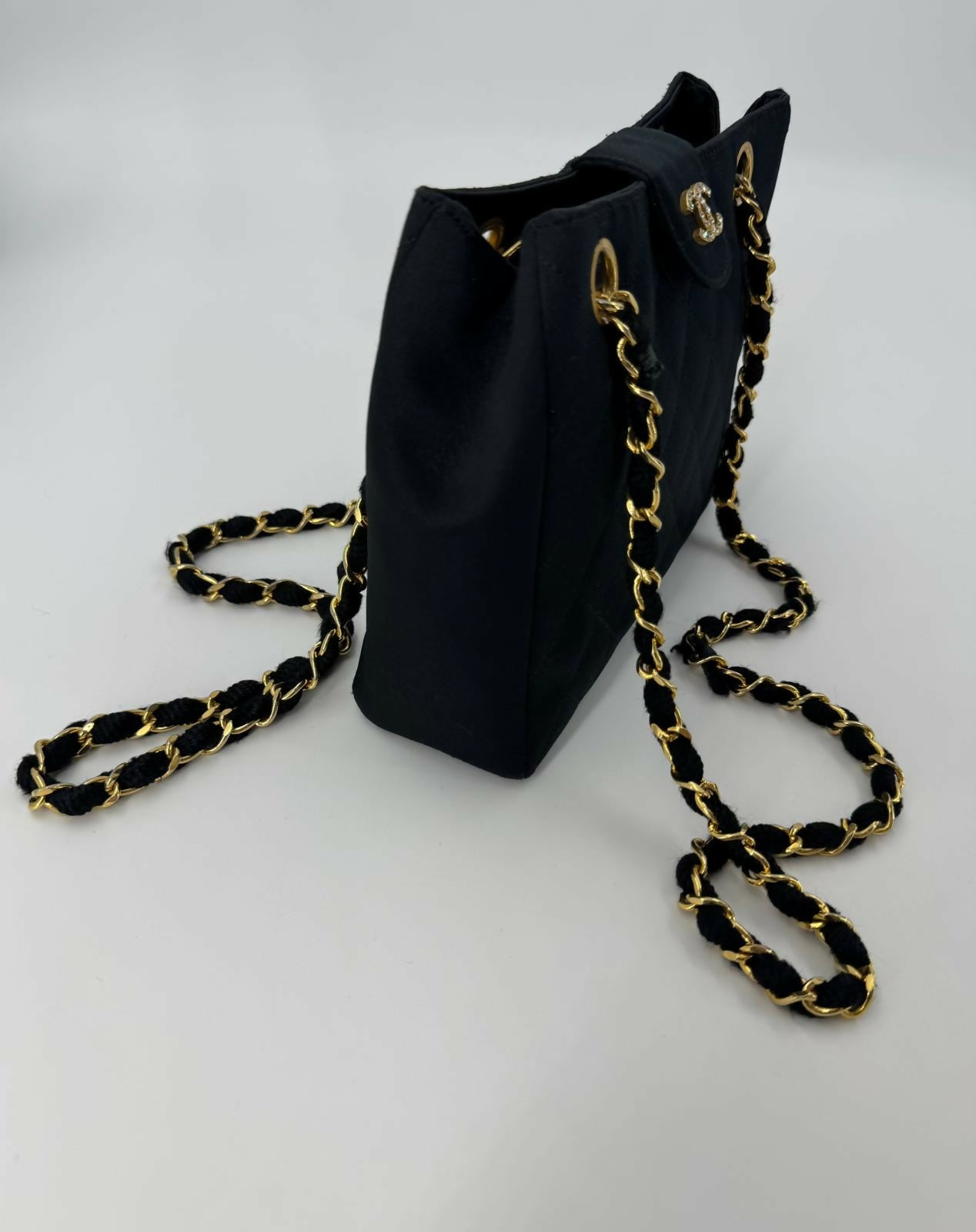 Chanel Vintage Satin and Rhinestone Shiny Black Shoulder Bag