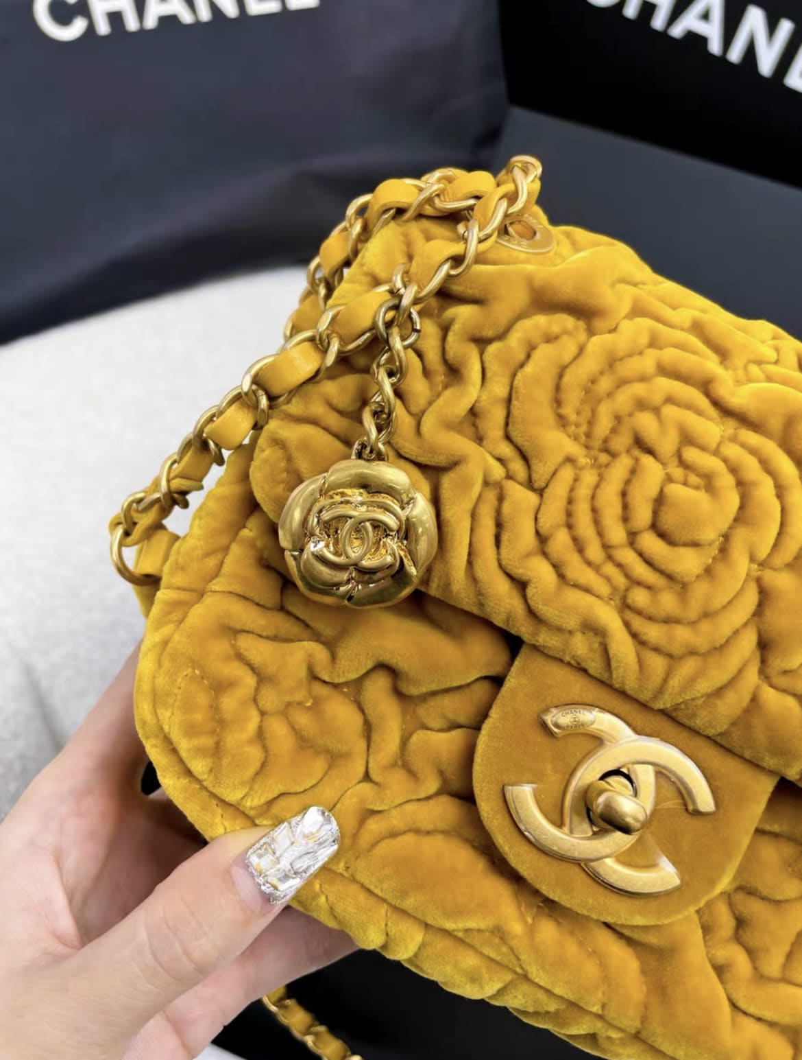 Chanel 21A Velvet Camellia Square Bag