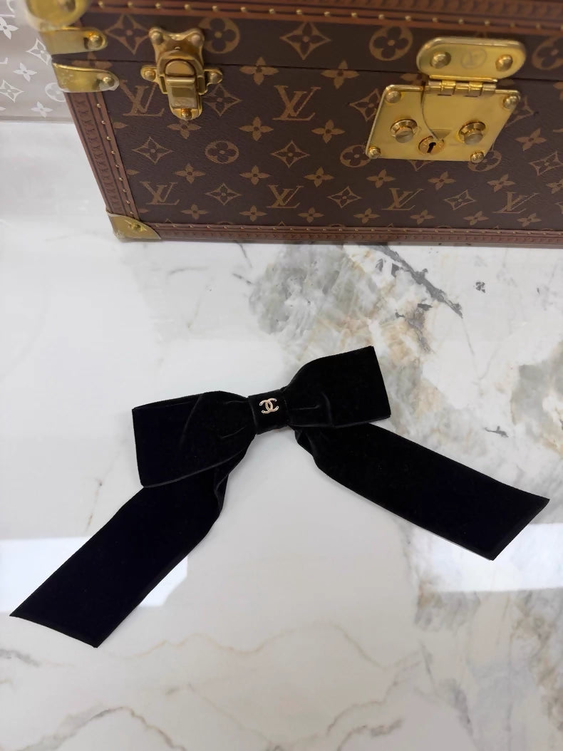 Chanel classic large black velvet bow hair clip with gold double C
