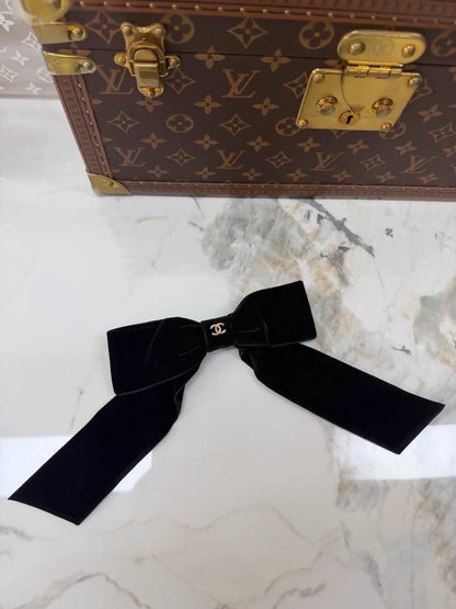 Chanel classic large black velvet bow hair clip with gold double C