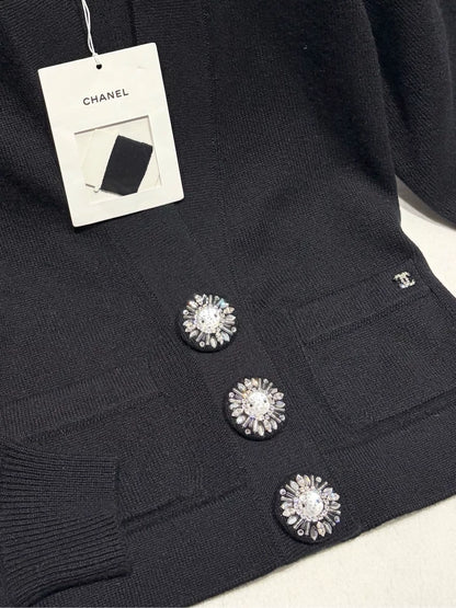 Chanel 22A Black Diamond Button Knit Cardigan