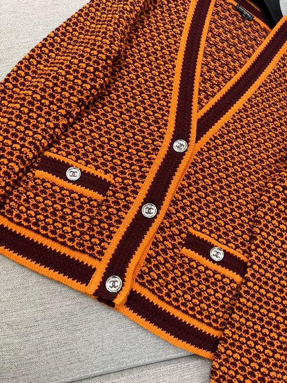 Chanel 23A orange and brown knit cardigan