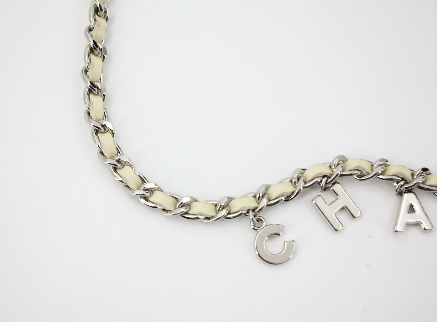 Chanel A12C Leather with Metal Beige White and Silver Waist Chain L95