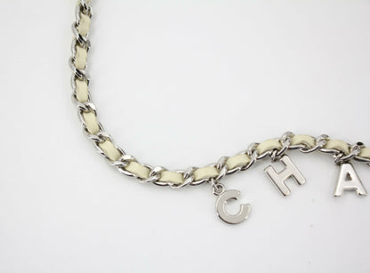 Chanel A12C Leather with Metal Beige White and Silver Waist Chain L95