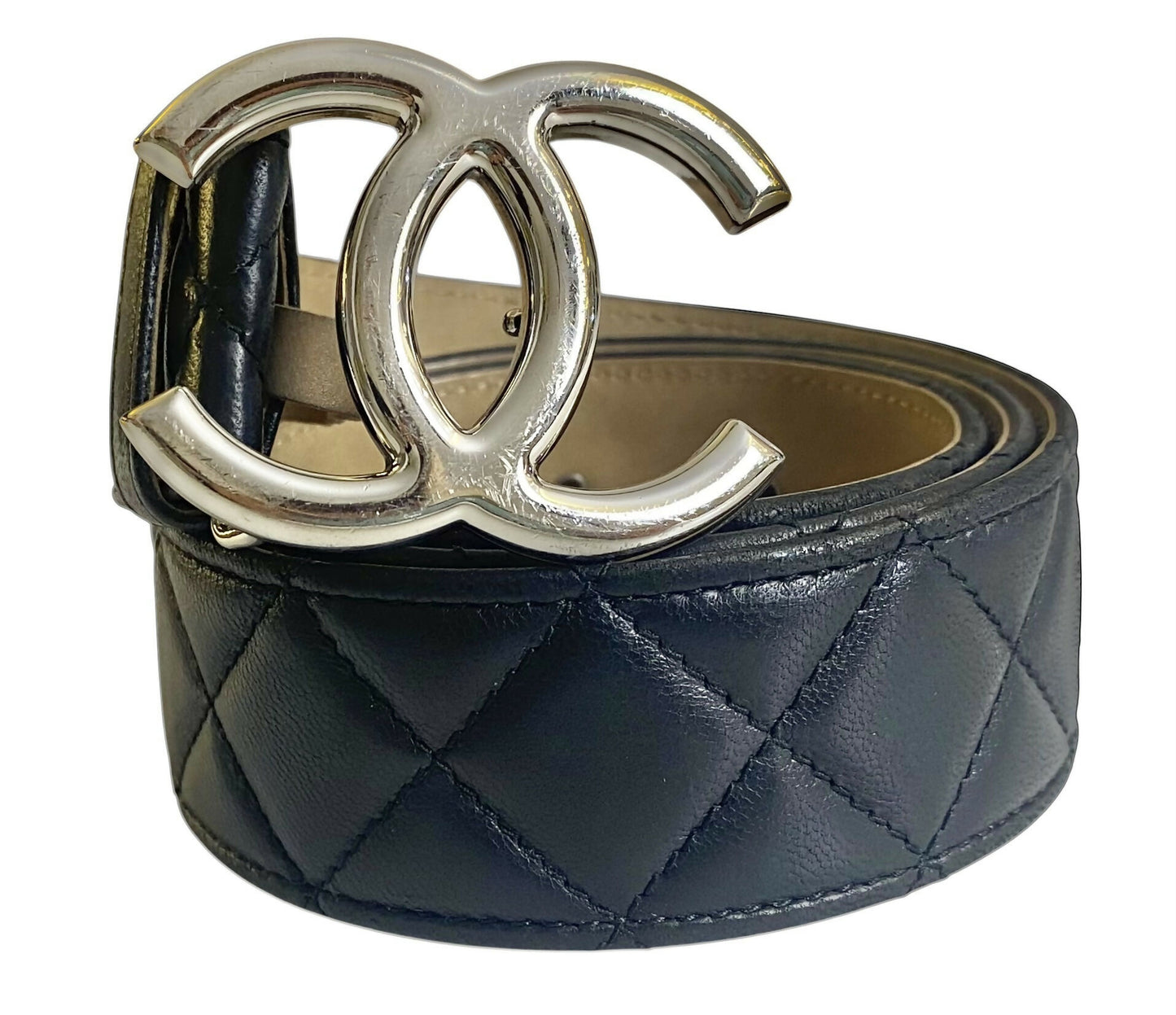 Chanel 14A Black Quilted Lambskin Silver CC Logo Belt 80/32