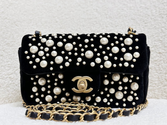 Chanel 2022 Mini Flap Bag in Black Velvet with Pearls and Gold Hardware
