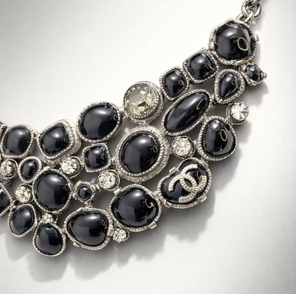Rare Chanel 08A Black Crystals CC Gripoix Statement Bib Collar Necklace