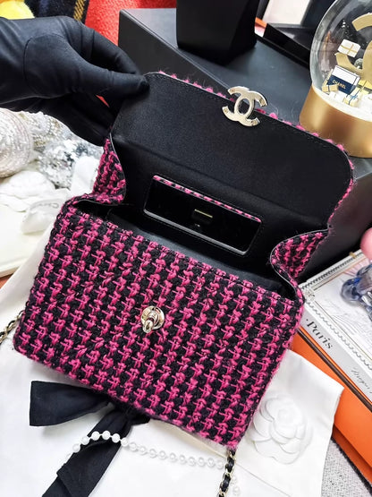 Chanel 23K pink and black checkered tweed box bag