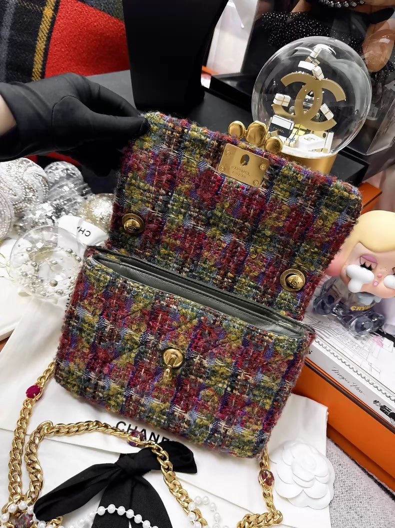 Chanel 22k colorful check tweed square crossbody bag