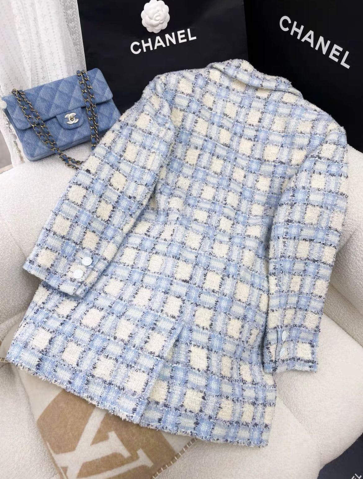 Chanel 2022 light blue Plaid Print Coat